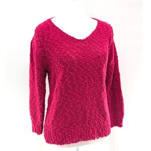 Collections Vintage 80s Pink Textured V-Neck Long Sleeve Sweater Size Medium